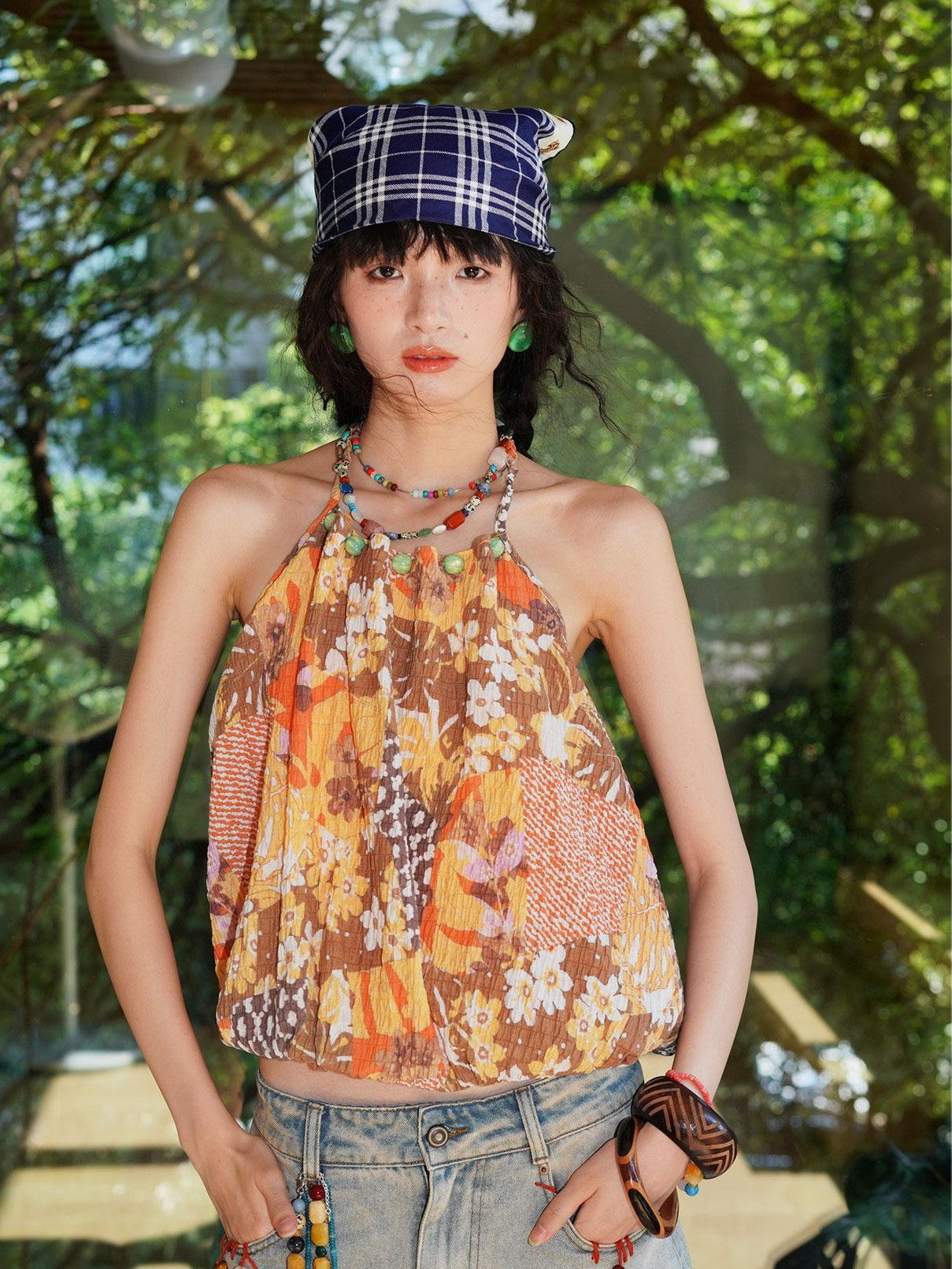badtaste Western Beaded Colorblock Backless Bud Women's Flocked Lace Halter Tops