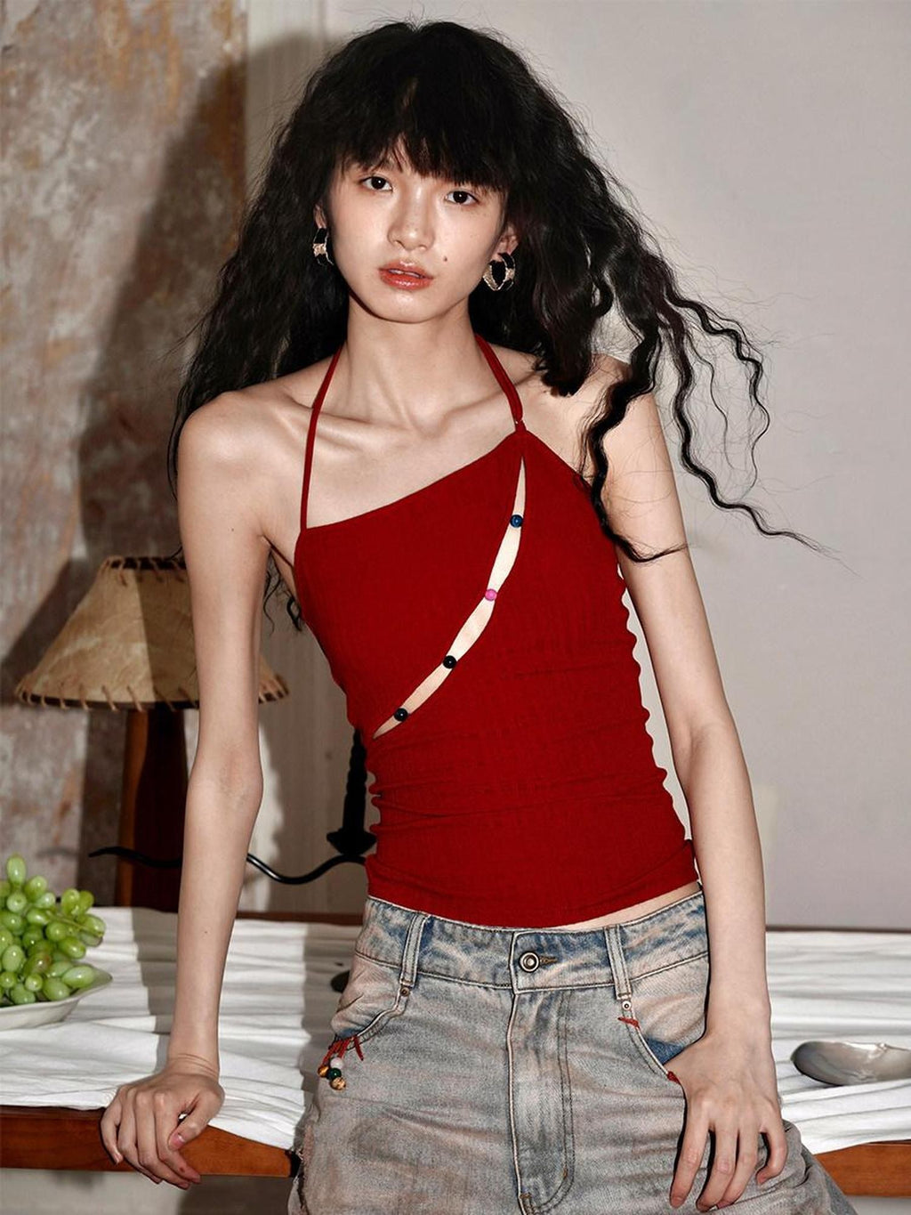 badtaste Western Beaded Cutout Open Back Slim Solid Women's Other Fabric Halter Tops