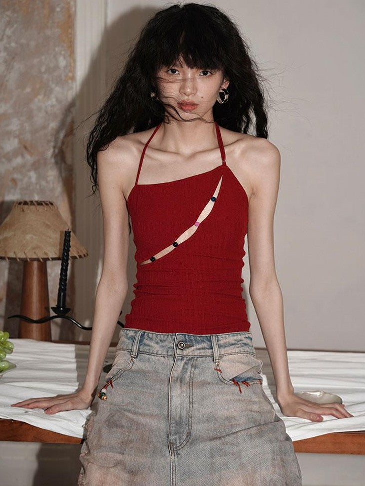 badtaste Western Beaded Cutout Open Back Slim Solid Women's Other Fabric Halter Tops
