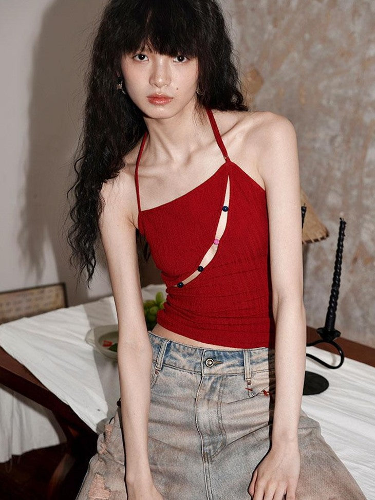 badtaste Western Beaded Cutout Open Back Slim Solid Women's Other Fabric Halter Tops