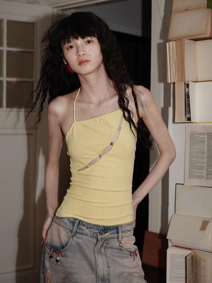 badtaste Western Beaded Cutout Open Back Slim Solid Women's Other Fabric Halter Tops