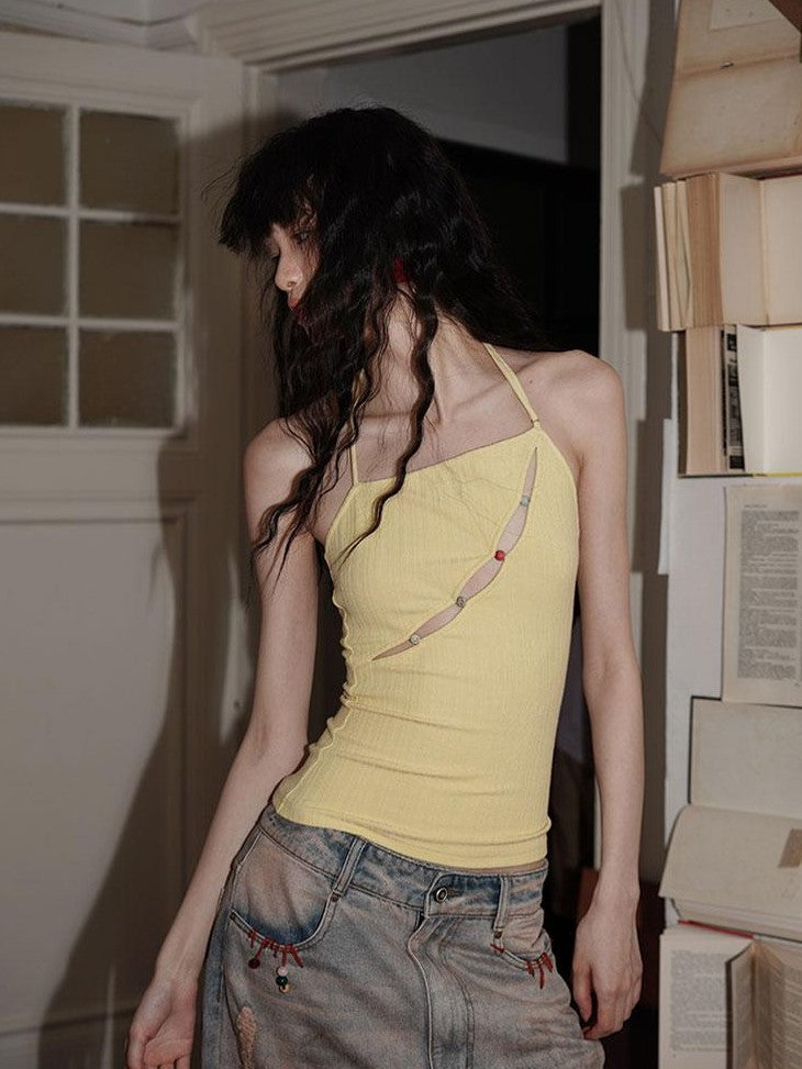 badtaste Western Beaded Cutout Open Back Slim Solid Women's Other Fabric Halter Tops