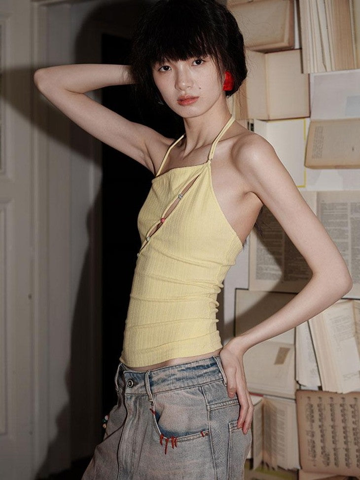 badtaste Western Beaded Cutout Open Back Slim Solid Women's Other Fabric Halter Tops