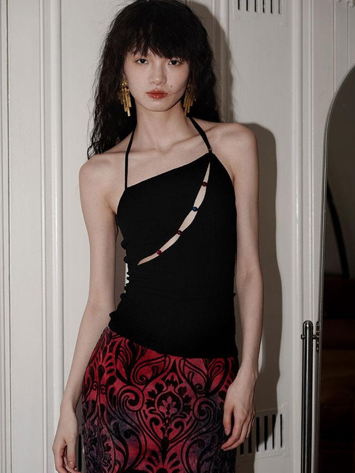 badtaste Western Beaded Cutout Open Back Slim Solid Women's Other Fabric Halter Tops