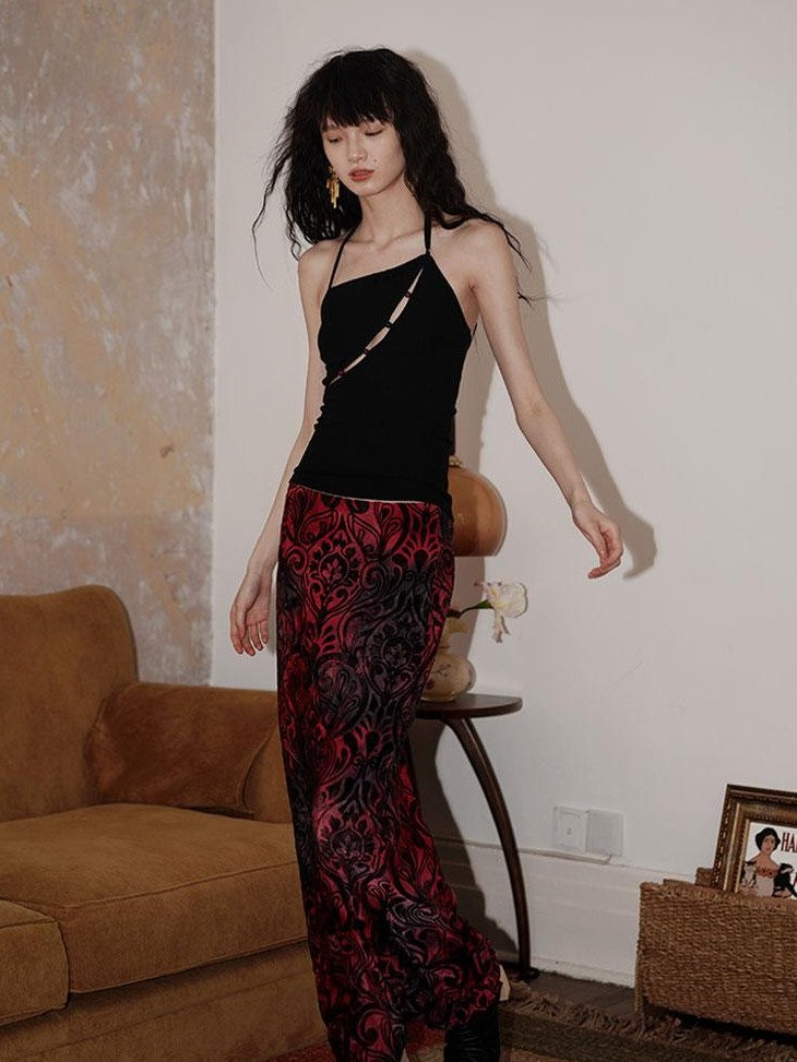 badtaste Western Beaded Cutout Open Back Slim Solid Women's Other Fabric Halter Tops