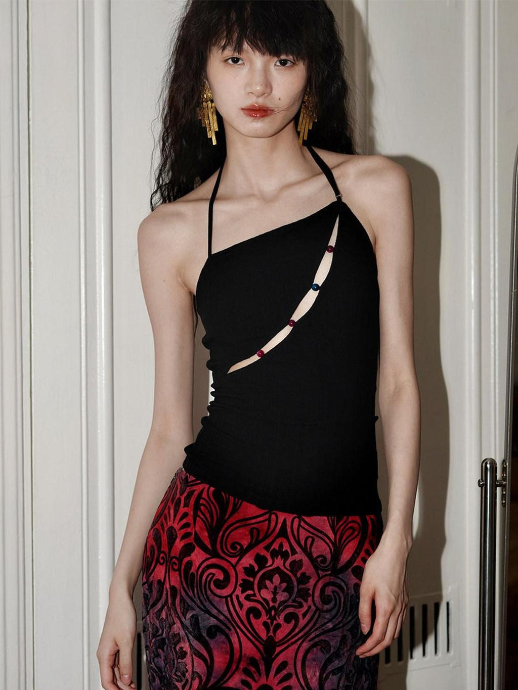 badtaste Western Beaded Cutout Open Back Slim Solid Women's Other Fabric Halter Tops