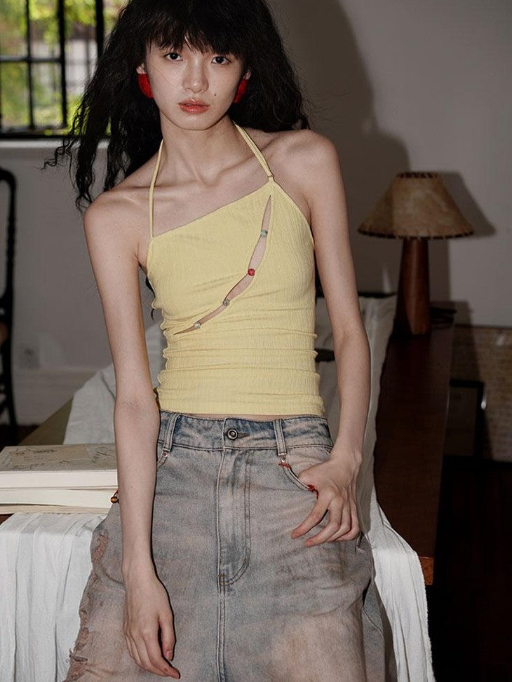 badtaste Western Beaded Cutout Open Back Slim Solid Women's Other Fabric Halter Tops