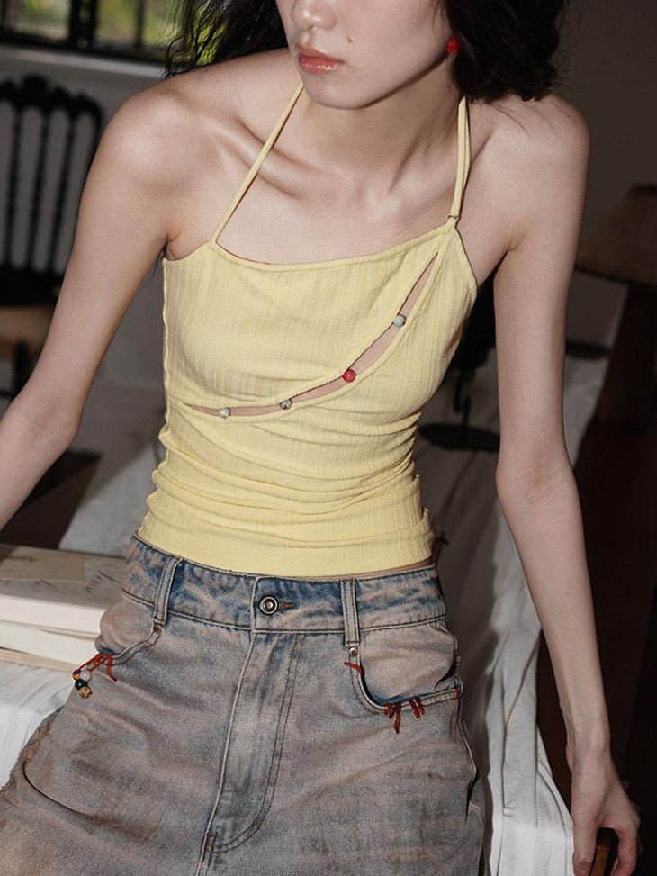 badtaste Western Beaded Cutout Open Back Slim Solid Women's Other Fabric Halter Tops