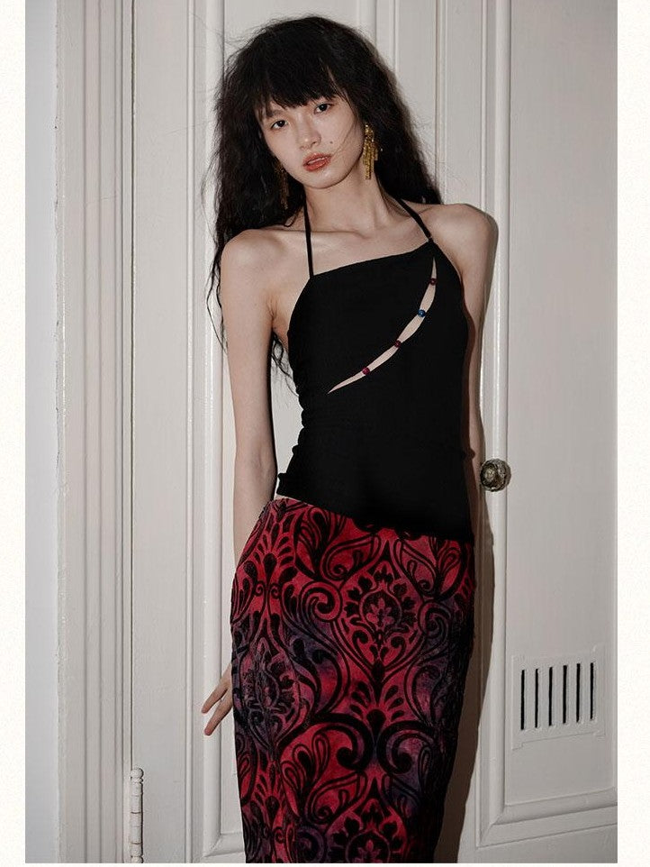 badtaste Western Beaded Cutout Open Back Slim Solid Women's Other Fabric Halter Tops