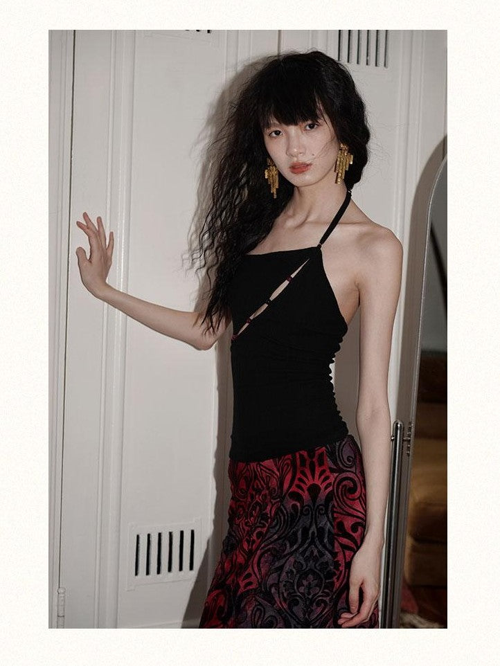 badtaste Western Beaded Cutout Open Back Slim Solid Women's Other Fabric Halter Tops