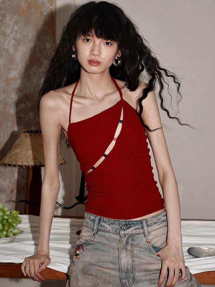 badtaste Western Beaded Cutout Open Back Slim Solid Women's Other Fabric Halter Tops