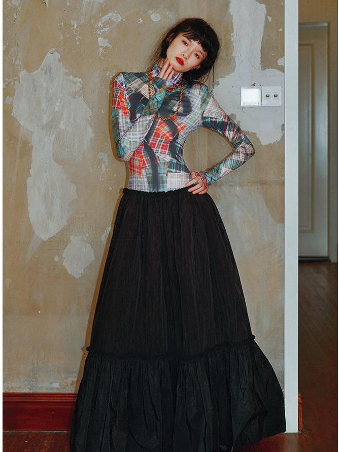 badtaste Western Bow Print Colorblock Faux Two Piece Women's Casual Maxi Dresses