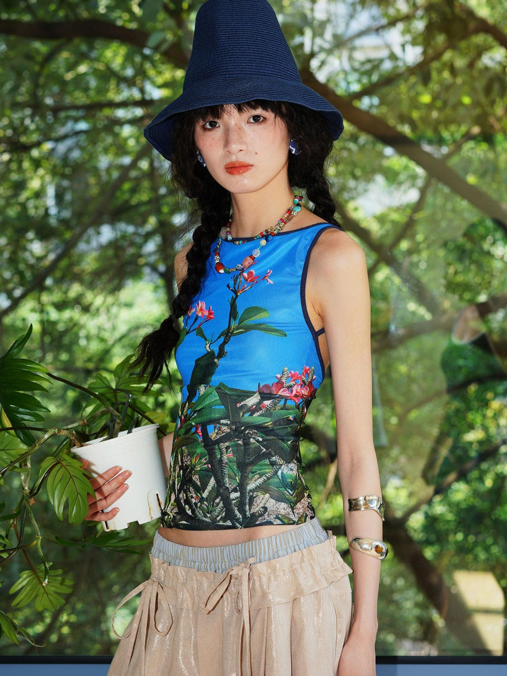 badtaste Western Chinese Printed Square Neck Backless Slim Women's Mesh Tank Tops