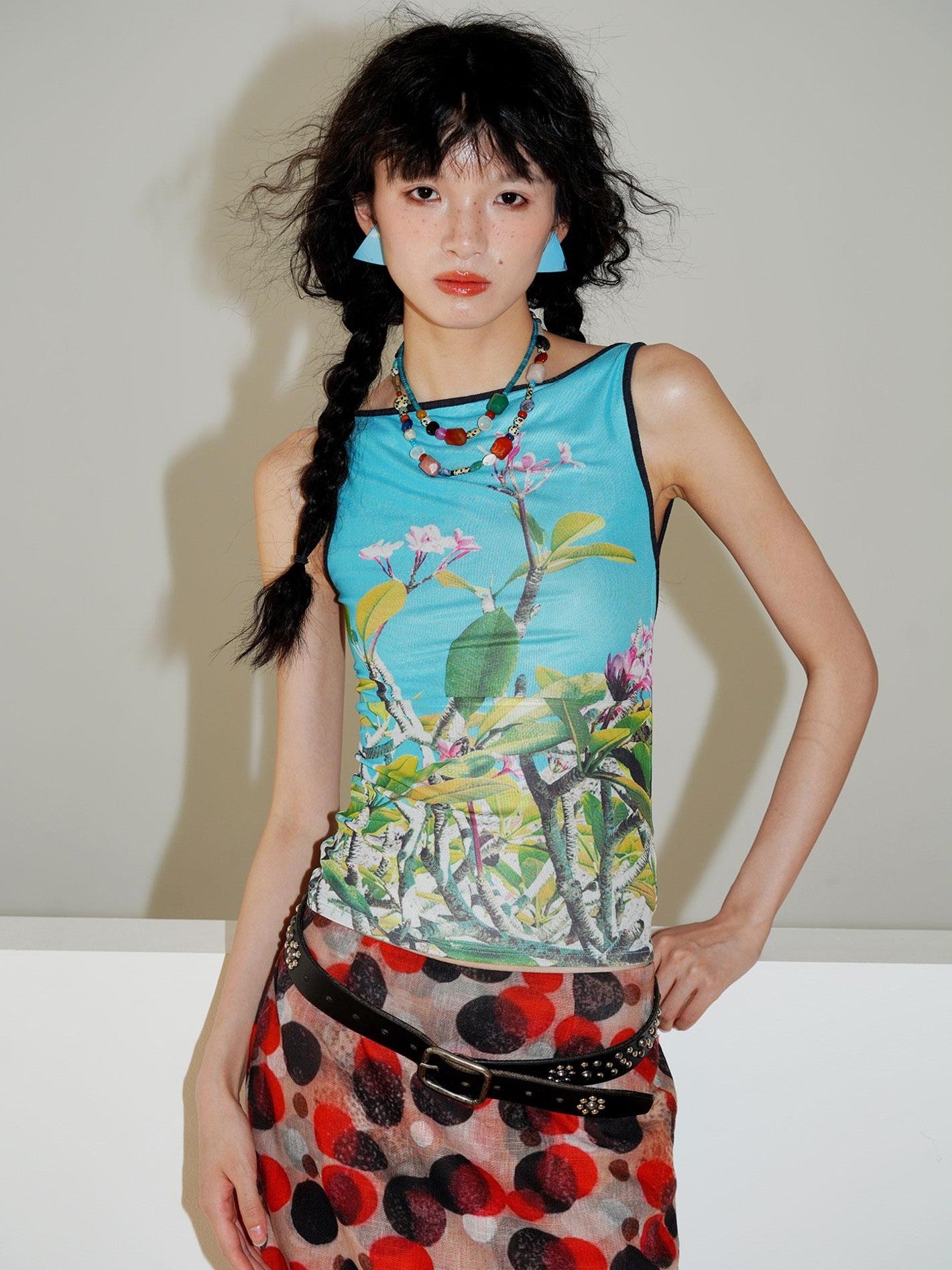 badtaste Western Chinese Printed Square Neck Backless Slim Women's Mesh Tank Tops