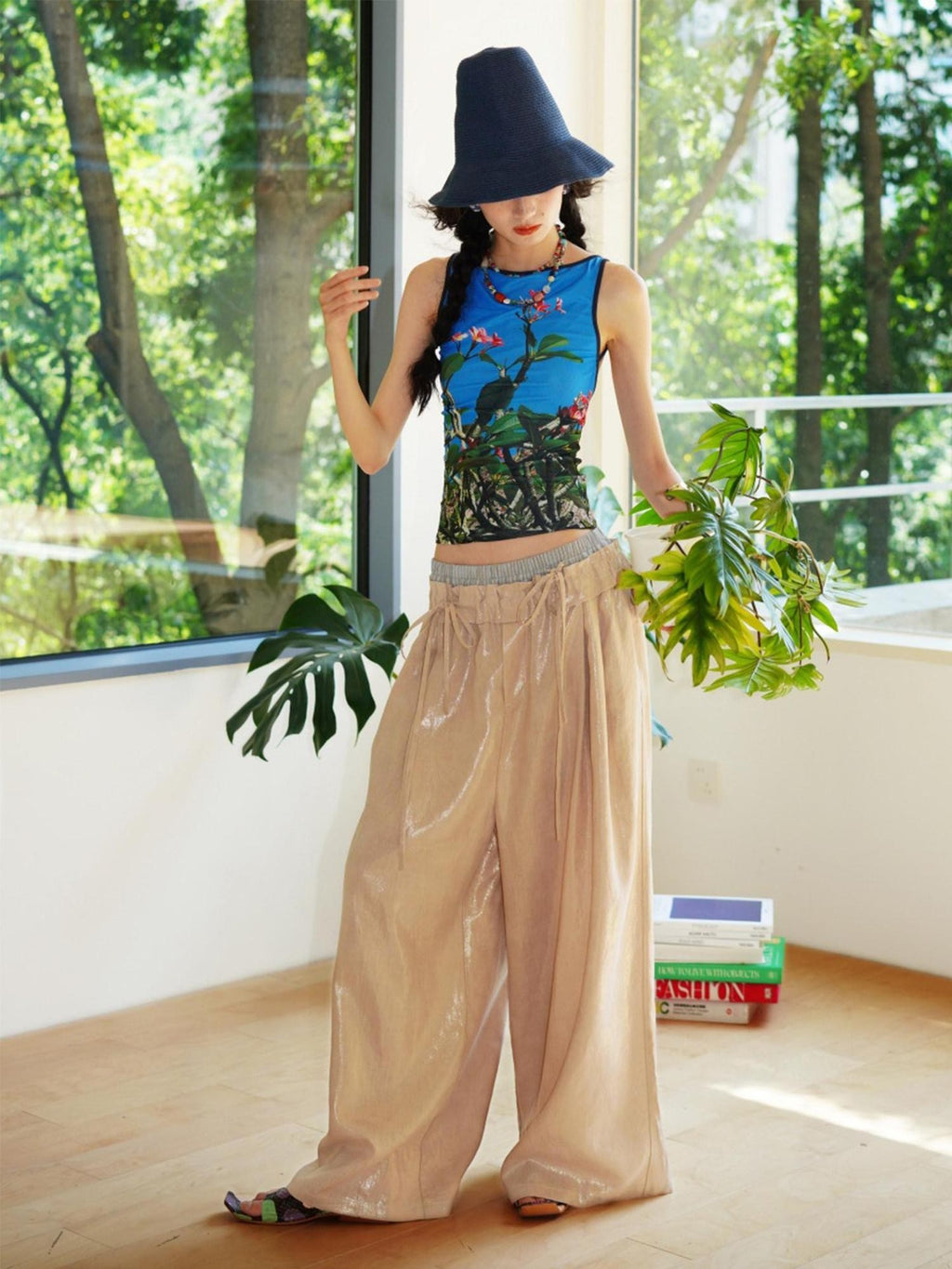 badtaste Western Chinese Printed Square Neck Backless Slim Women's Mesh Tank Tops