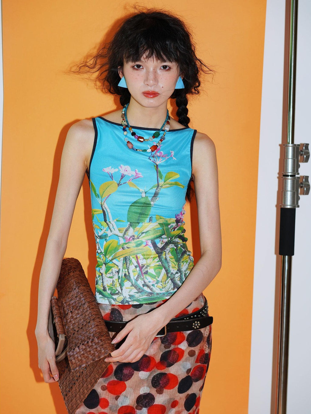 badtaste Western Chinese Printed Square Neck Backless Slim Women's Mesh Tank Tops
