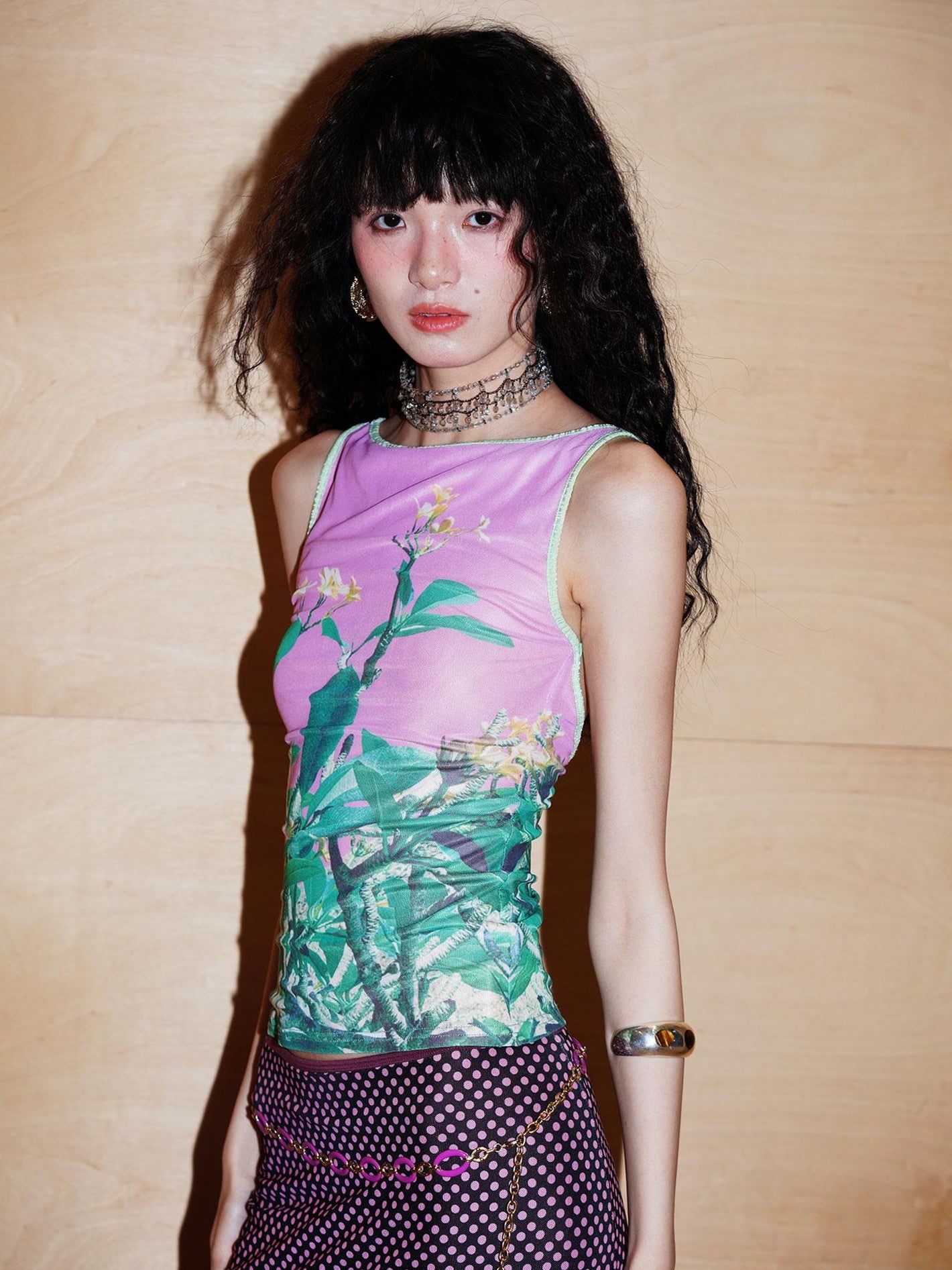 badtaste Western Chinese Printed Square Neck Backless Slim Women's Mesh Tank Tops