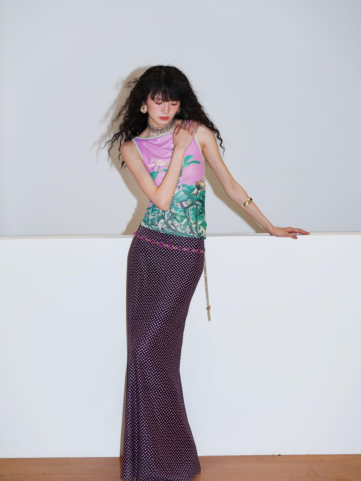 badtaste Western Chinese Printed Square Neck Backless Slim Women's Mesh Tank Tops