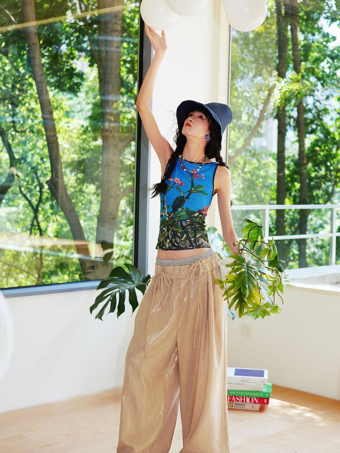 badtaste Western Chinese Printed Square Neck Backless Slim Women's Mesh Tank Tops