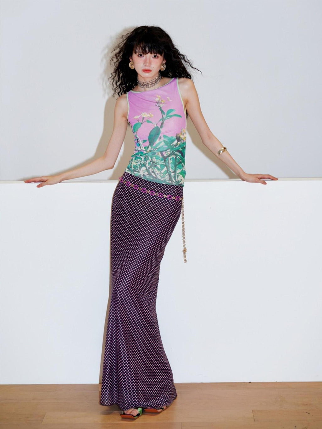 badtaste Western Chinese Printed Square Neck Backless Slim Women's Mesh Tank Tops