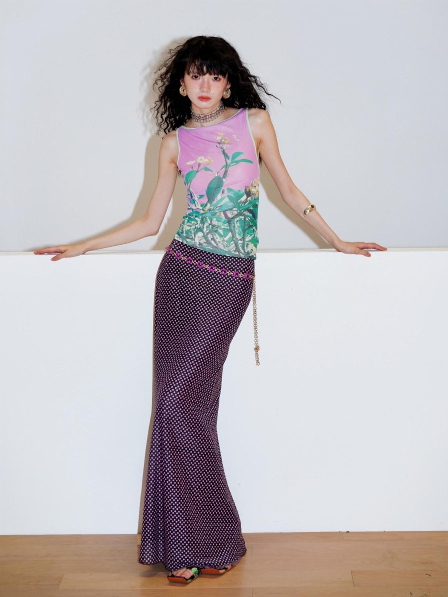 badtaste Western Chinese Printed Square Neck Backless Slim Women's Mesh Tank Tops