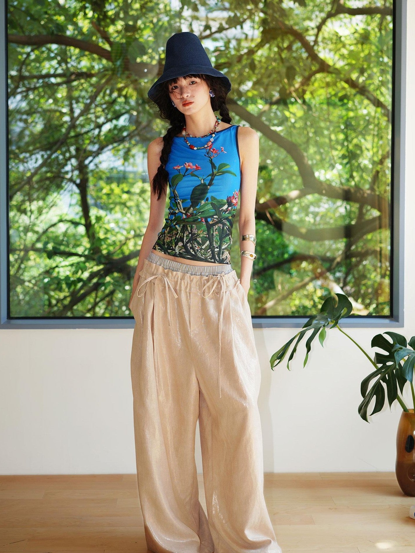 badtaste Western Chinese Printed Square Neck Backless Slim Women's Mesh Tank Tops