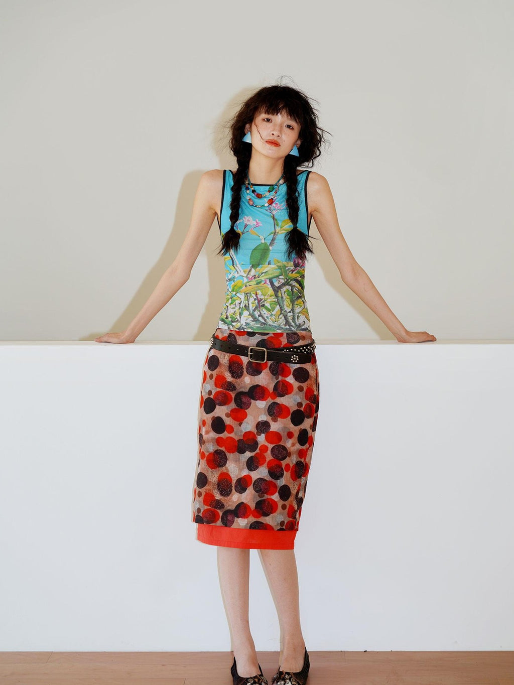 badtaste Western Chinese Printed Square Neck Backless Slim Women's Mesh Tank Tops