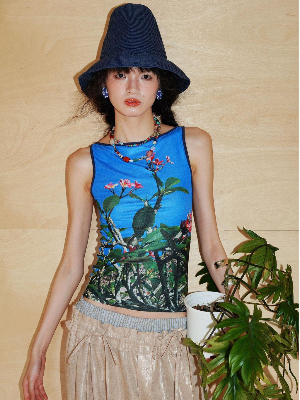 badtaste Western Chinese Printed Square Neck Backless Slim Women's Mesh Tank Tops