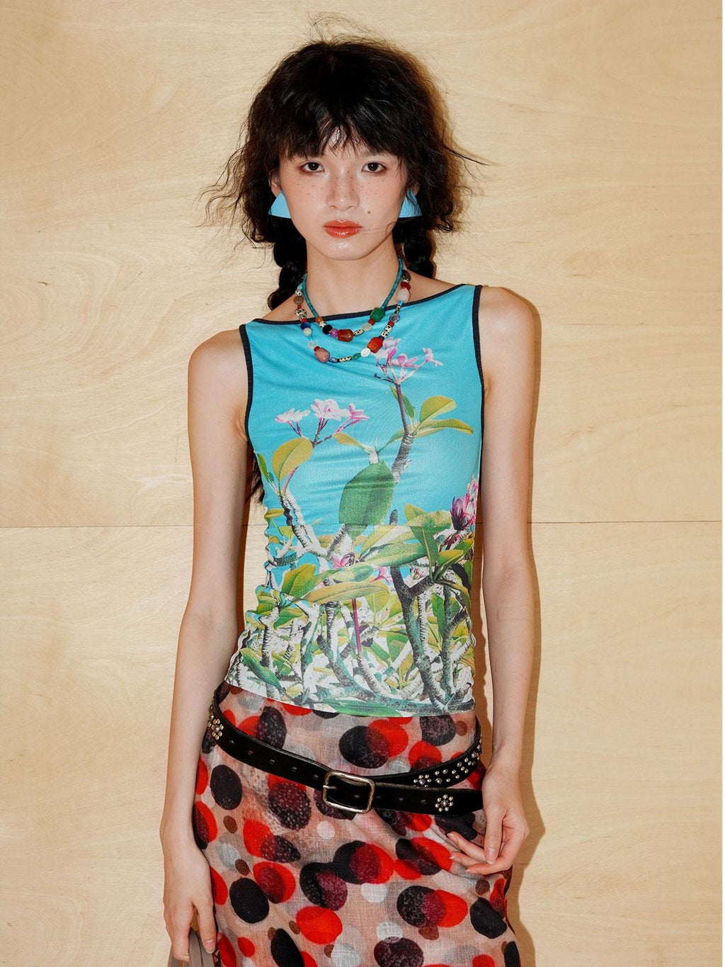 badtaste Western Chinese Printed Square Neck Backless Slim Women's Mesh Tank Tops