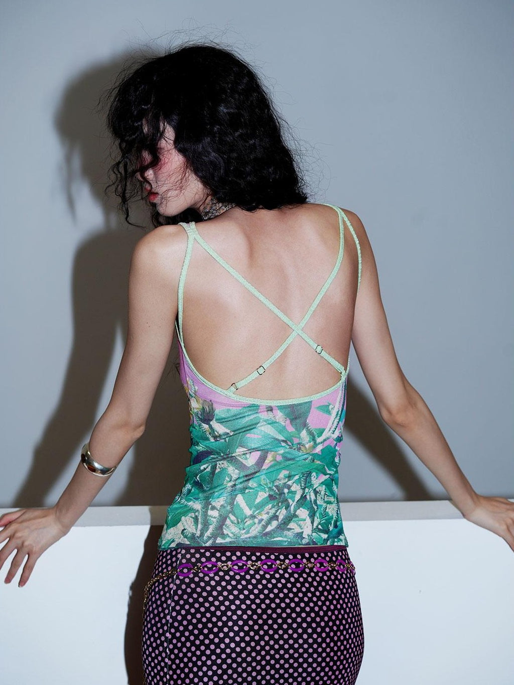 badtaste Western Chinese Printed Square Neck Backless Slim Women's Mesh Tank Tops