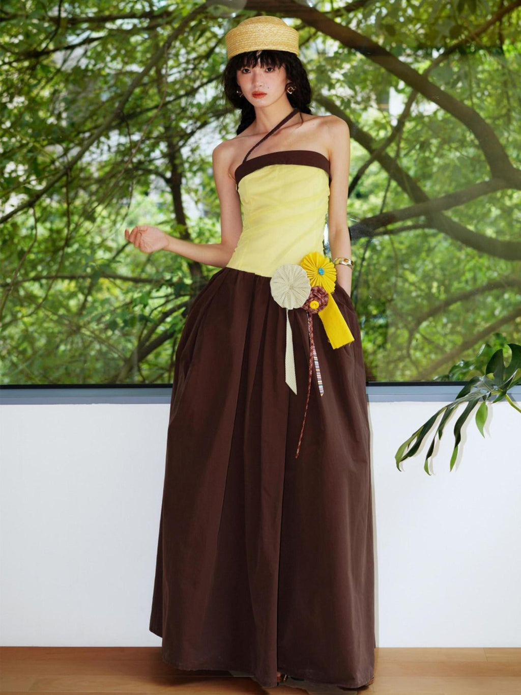 badtaste Western Colorblock Handcrafted Rosette Women's Strapless Maxi Dresses