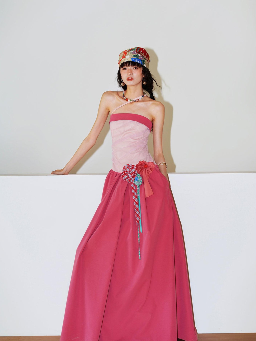 badtaste Western Colorblock Handcrafted Rosette Women's Strapless Maxi Dresses