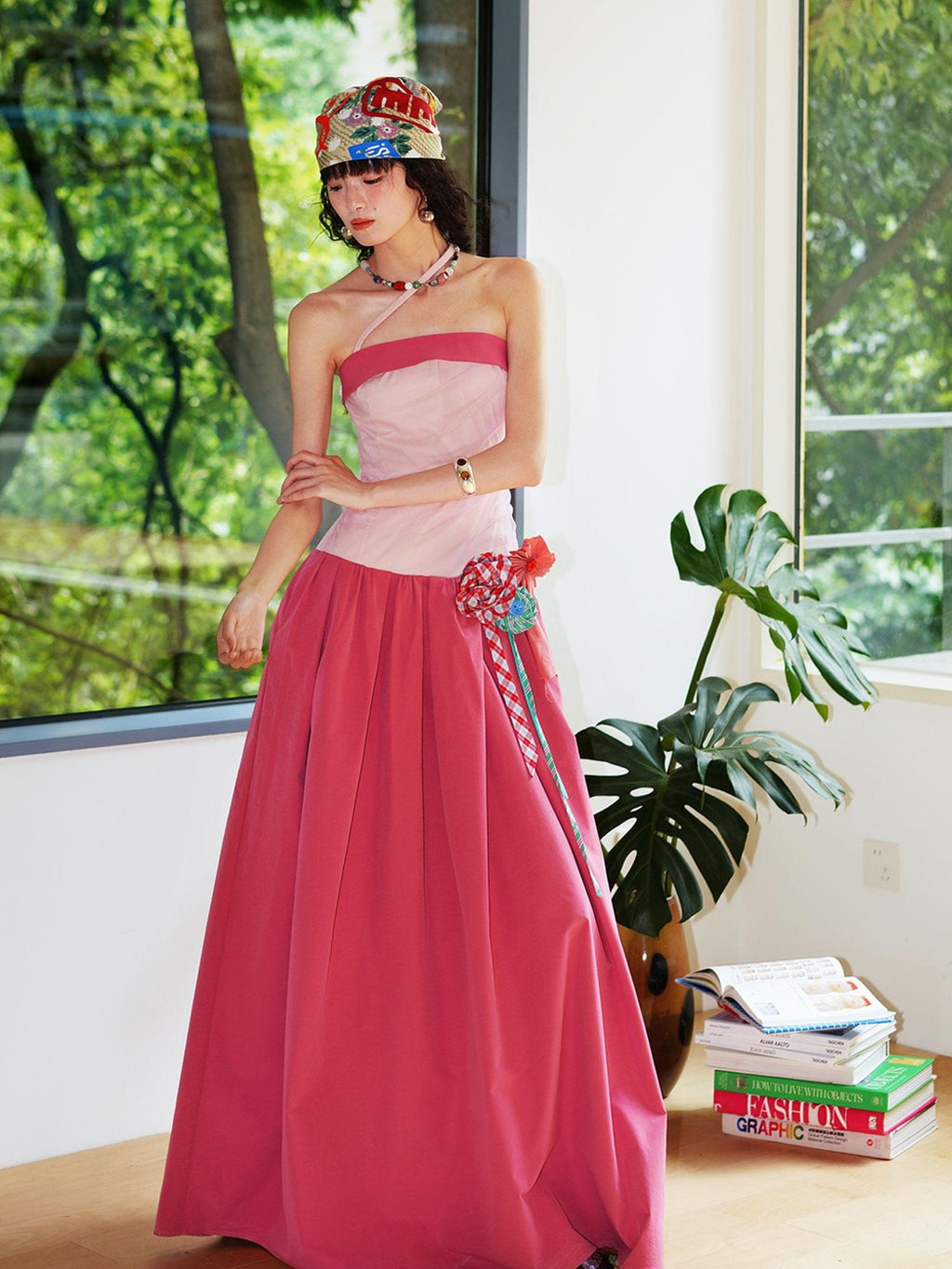 badtaste Western Colorblock Handcrafted Rosette Women's Strapless Maxi Dresses