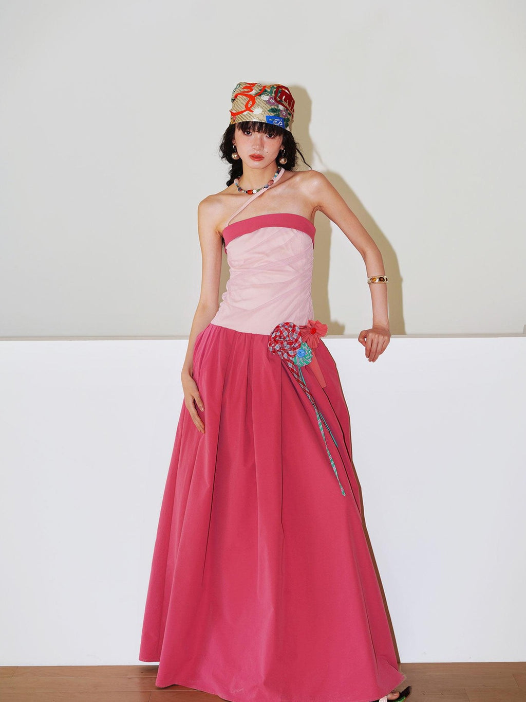 badtaste Western Colorblock Handcrafted Rosette Women's Strapless Maxi Dresses
