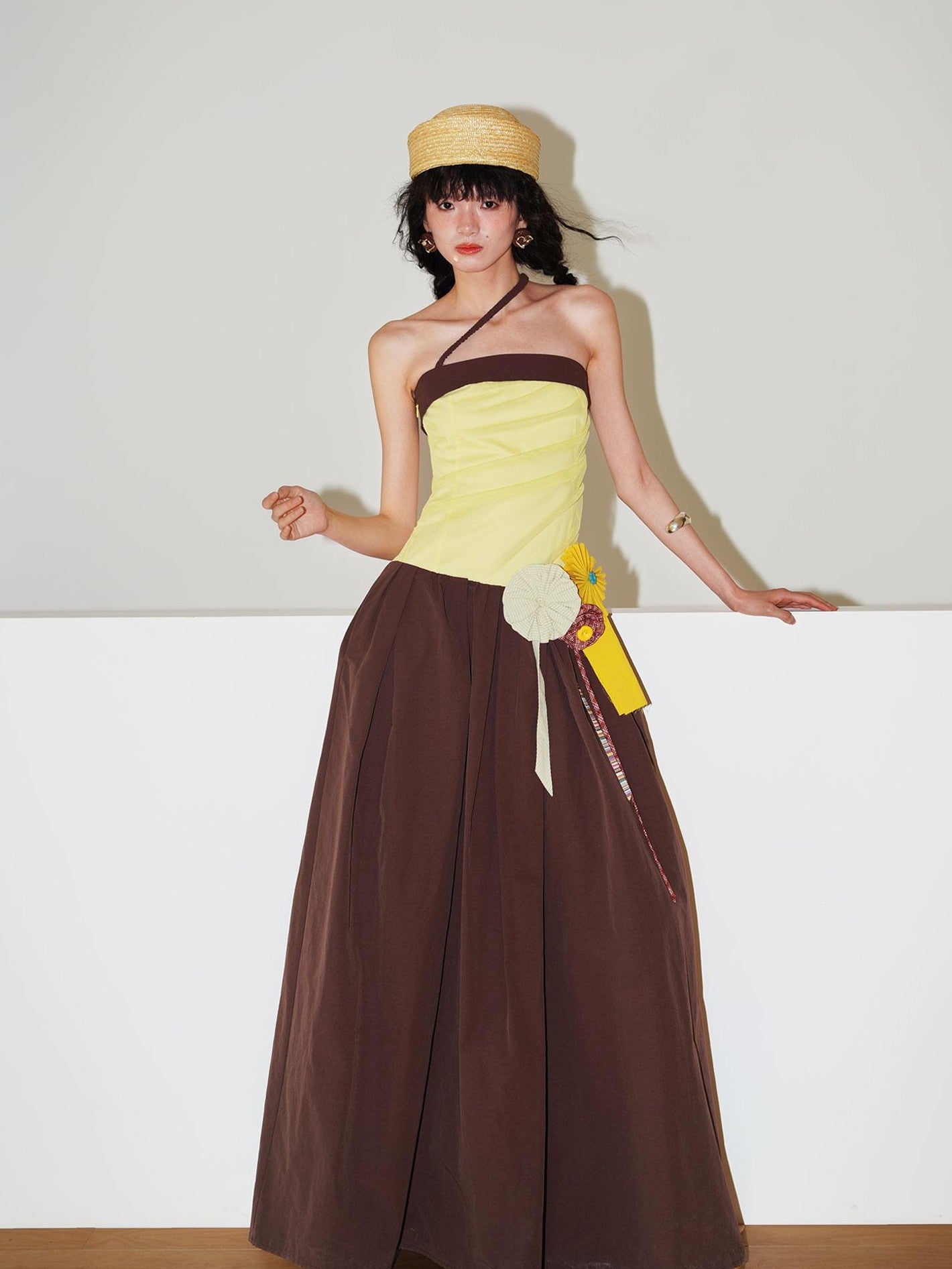 badtaste Western Colorblock Handcrafted Rosette Women's Strapless Maxi Dresses
