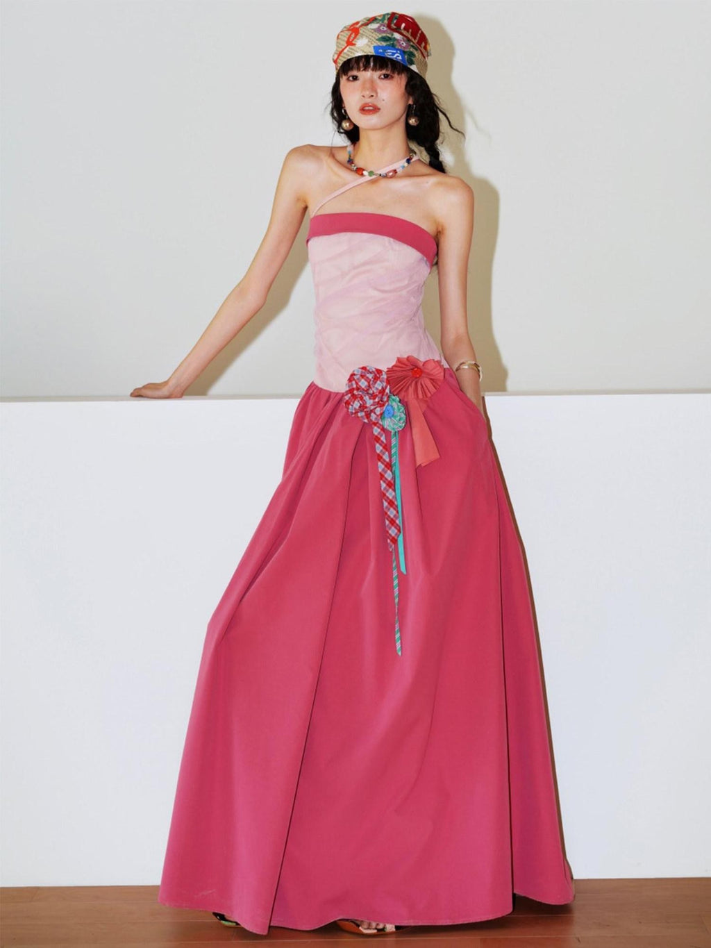 badtaste Western Colorblock Handcrafted Rosette Women's Strapless Maxi Dresses