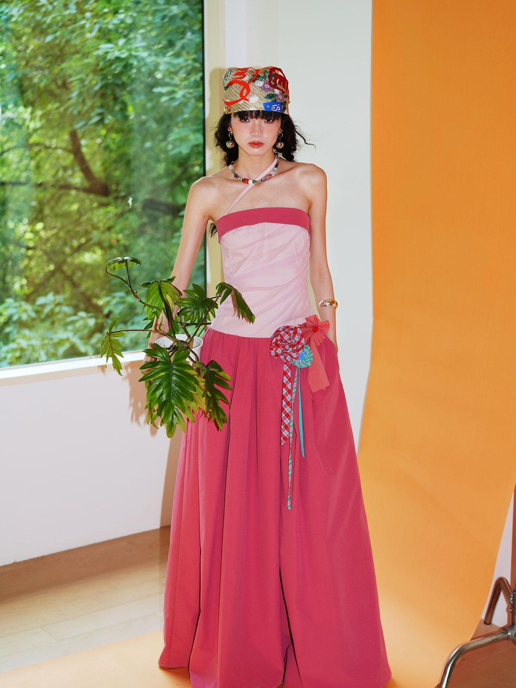 badtaste Western Colorblock Handcrafted Rosette Women's Strapless Maxi Dresses