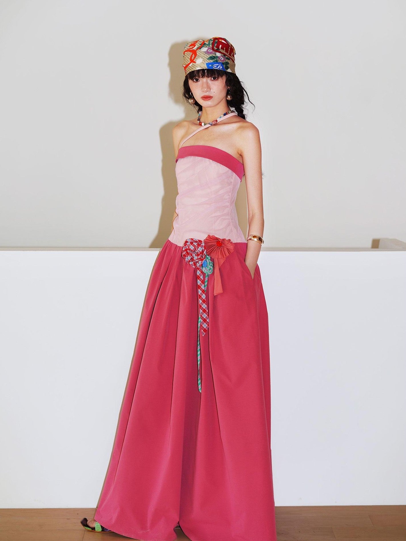 badtaste Western Colorblock Handcrafted Rosette Women's Strapless Maxi Dresses