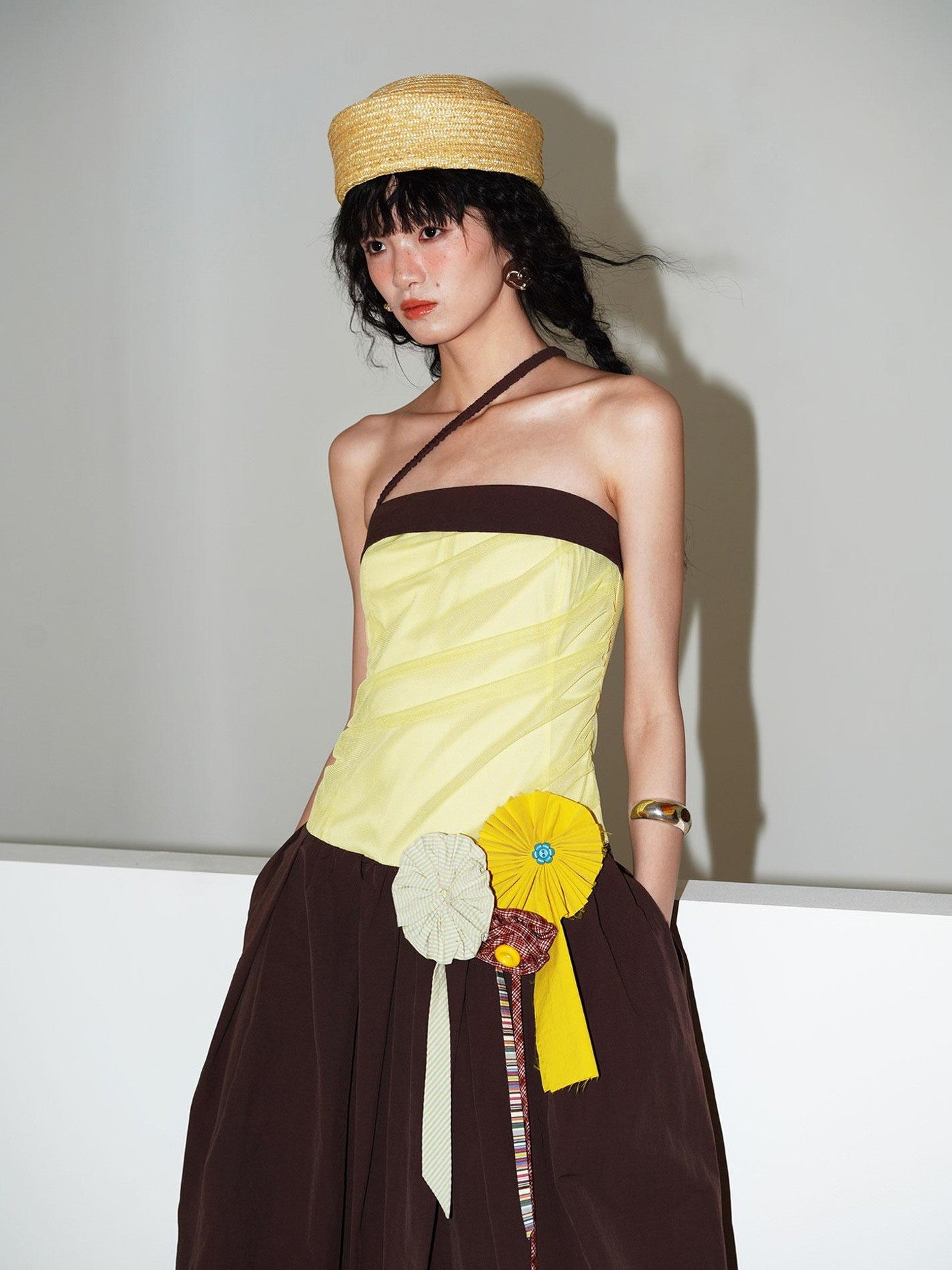 badtaste Western Colorblock Handcrafted Rosette Women's Strapless Maxi Dresses