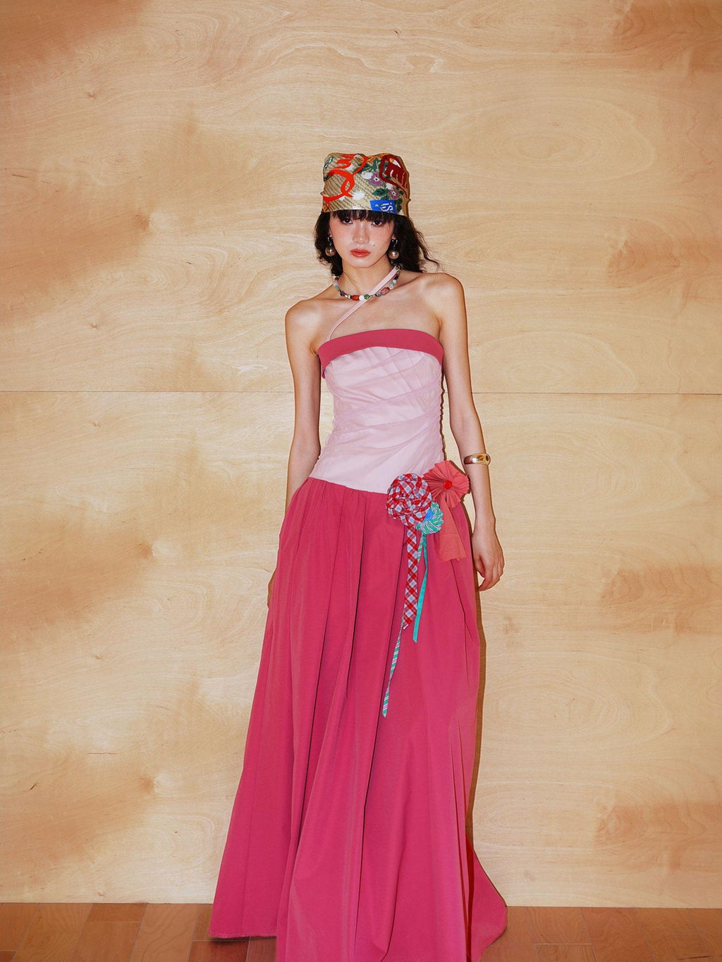 badtaste Western Colorblock Handcrafted Rosette Women's Strapless Maxi Dresses