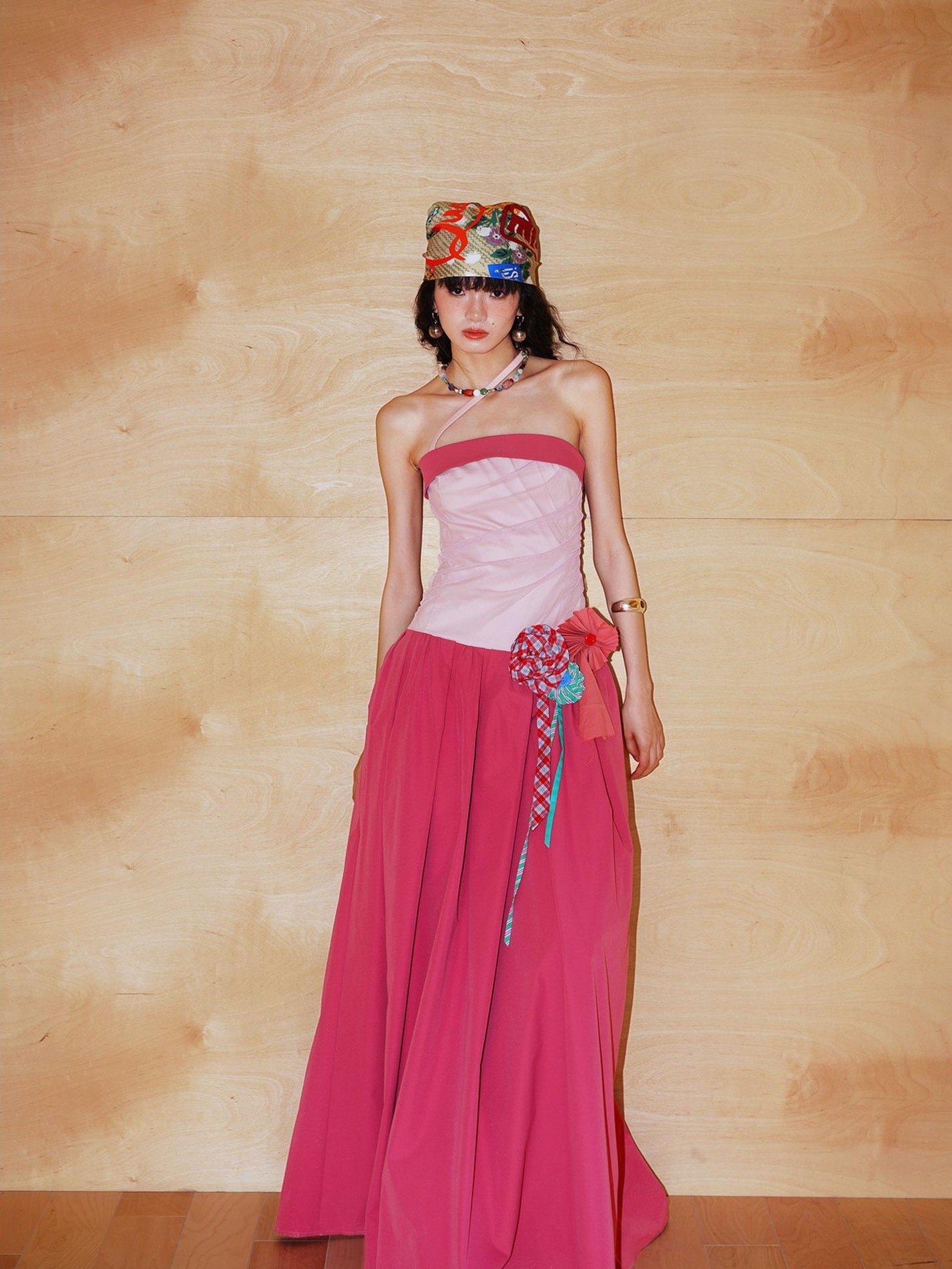 badtaste Western Colorblock Handcrafted Rosette Women's Strapless Maxi Dresses
