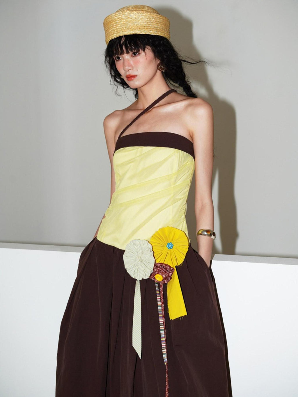 badtaste Western Colorblock Handcrafted Rosette Women's Strapless Maxi Dresses