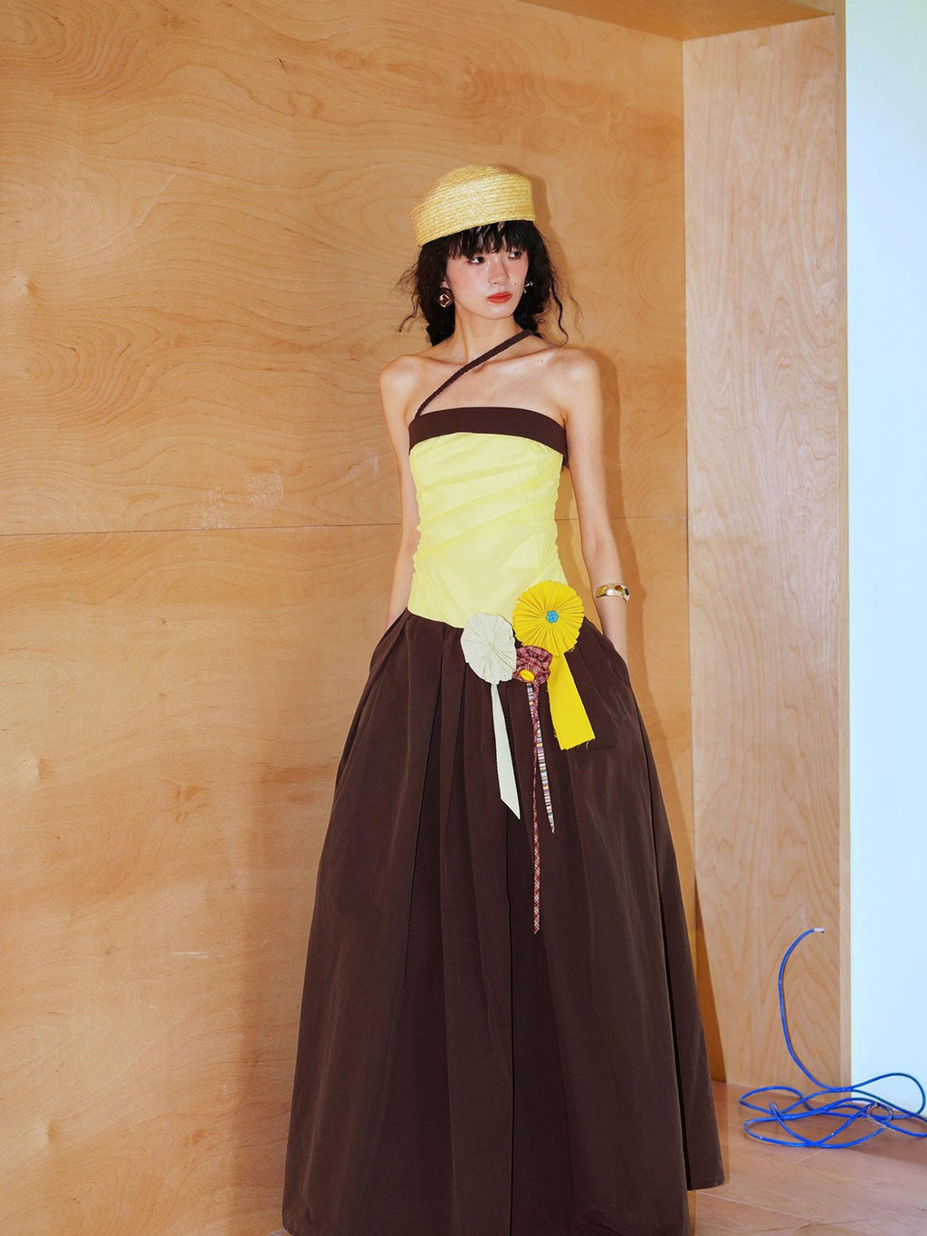 badtaste Western Colorblock Handcrafted Rosette Women's Strapless Maxi Dresses