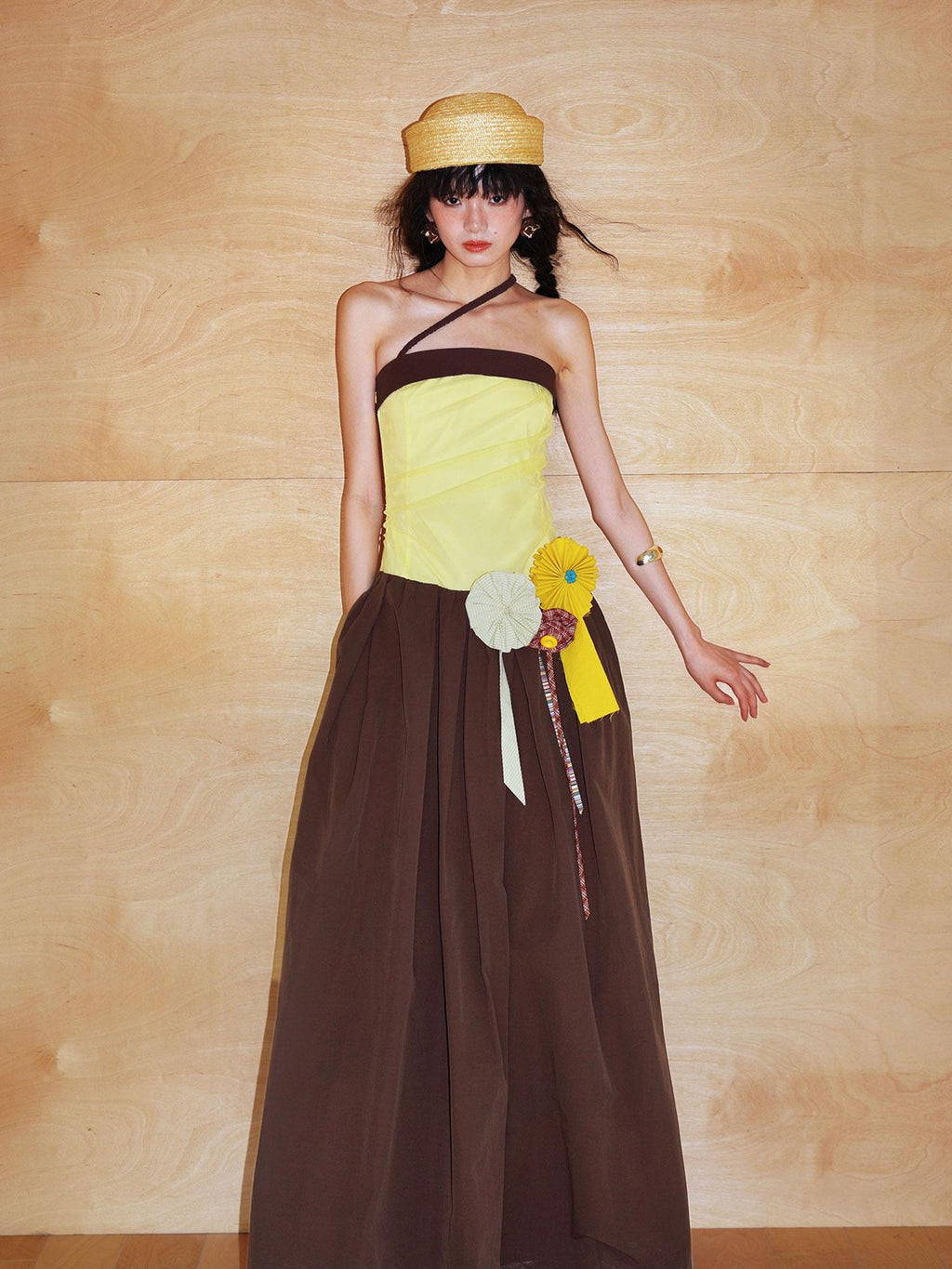 badtaste Western Colorblock Handcrafted Rosette Women's Strapless Maxi Dresses