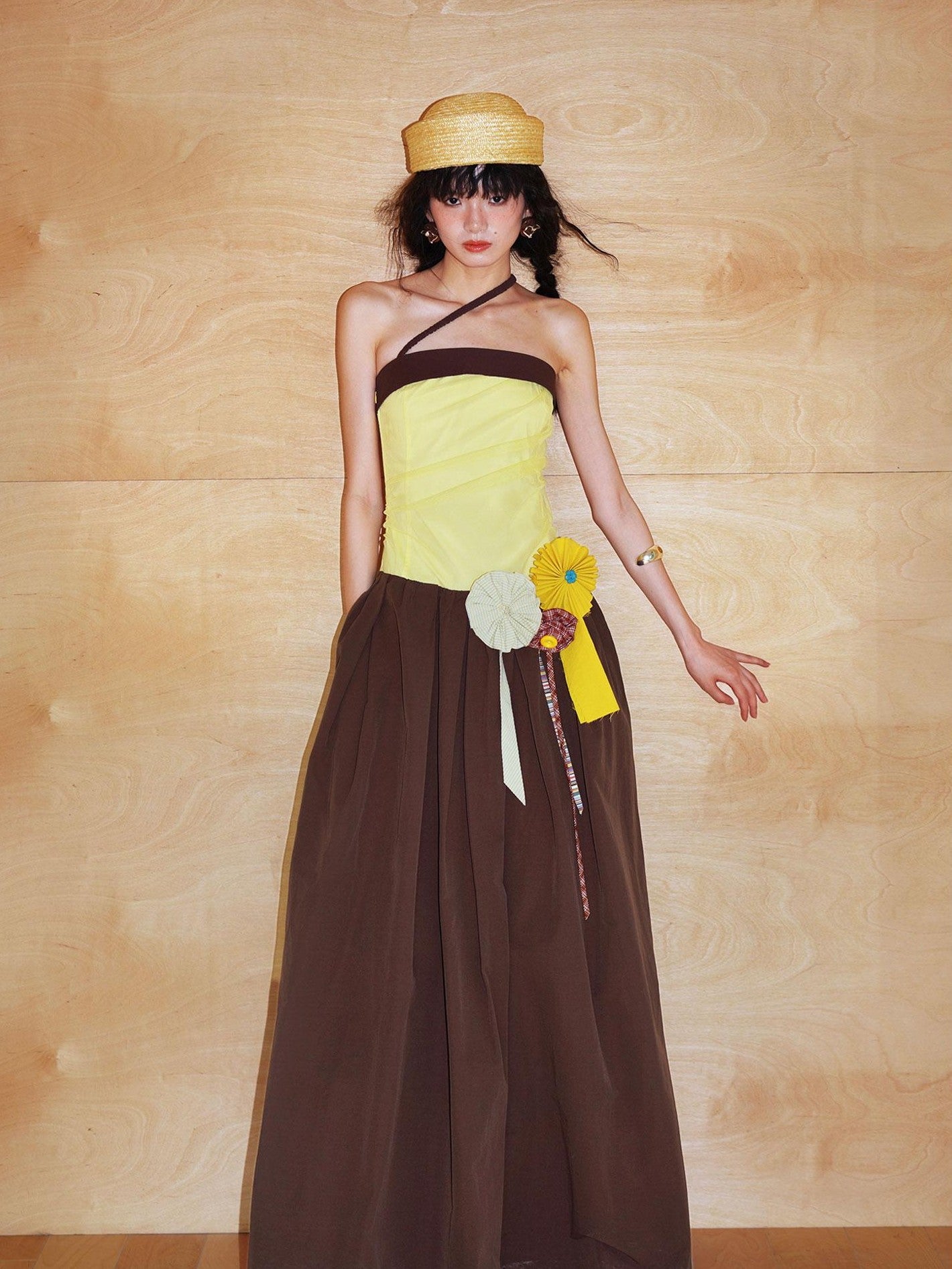 badtaste Western Colorblock Handcrafted Rosette Women's Strapless Maxi Dresses