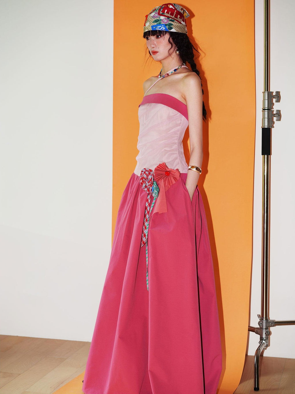 badtaste Western Colorblock Handcrafted Rosette Women's Strapless Maxi Dresses