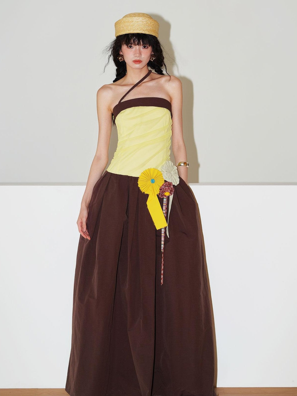 badtaste Western Colorblock Handcrafted Rosette Women's Strapless Maxi Dresses