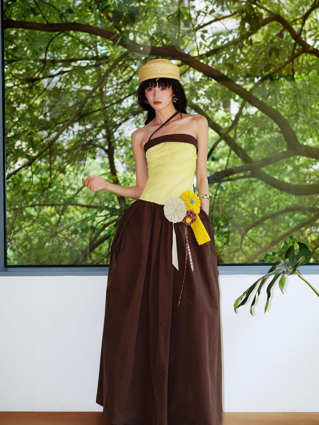 badtaste Western Colorblock Handcrafted Rosette Women's Strapless Maxi Dresses