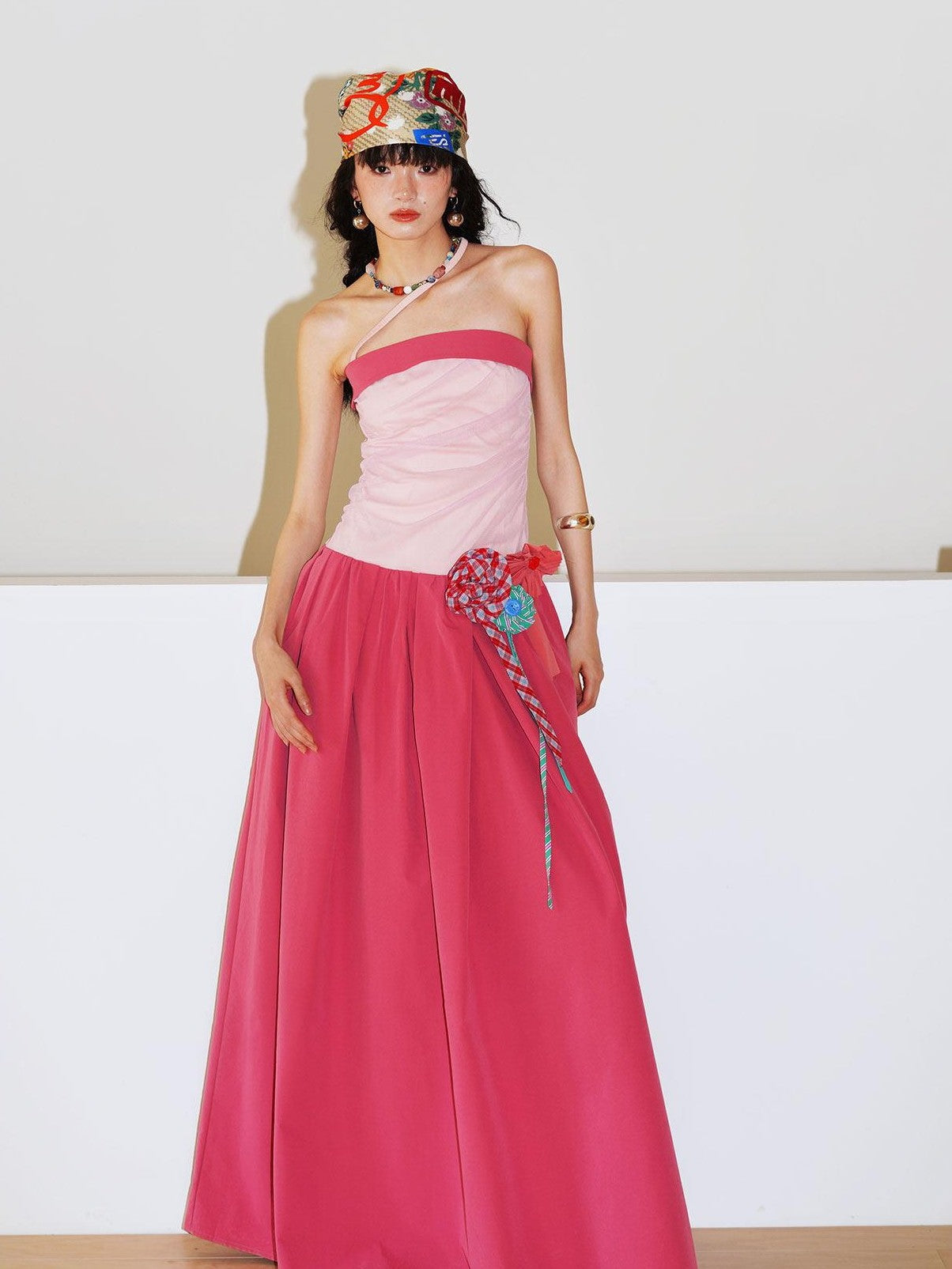 badtaste Western Colorblock Handcrafted Rosette Women's Strapless Maxi Dresses