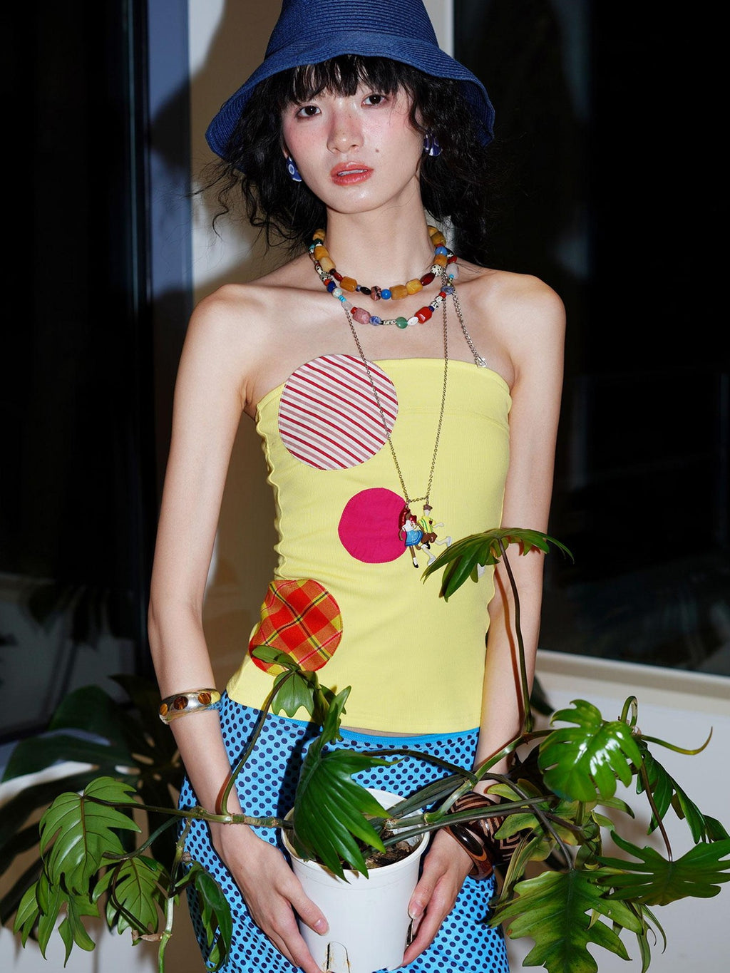 badtaste Western Colorblock Patchwork Applique Polka Dot Strapless Women's Tube Tops